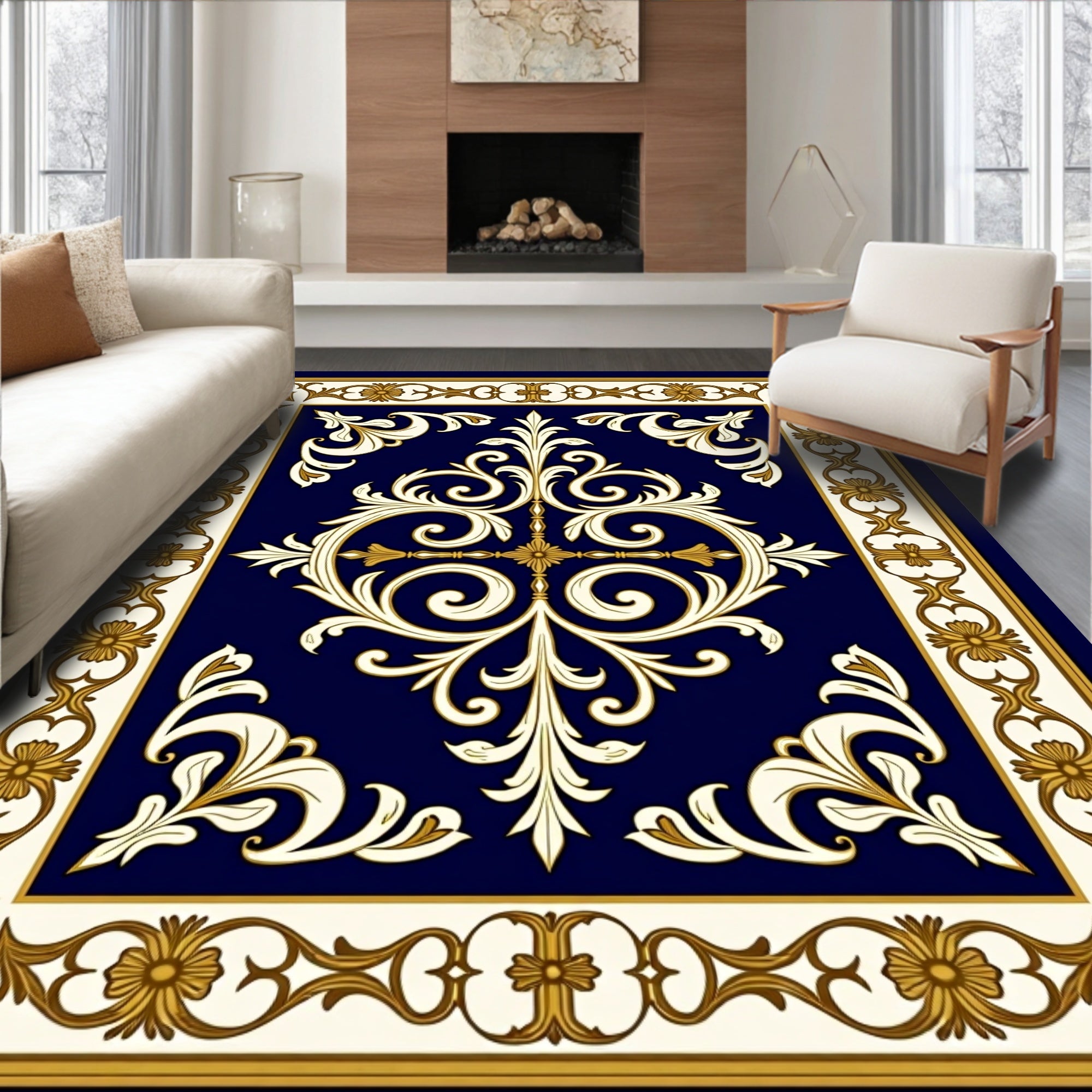 Ornate Floral Scrollwork on Deep Blue Rug