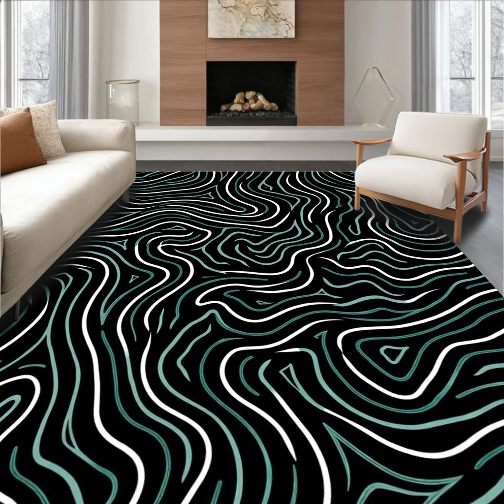 Abstract Teal White Wavy Lines Rug
