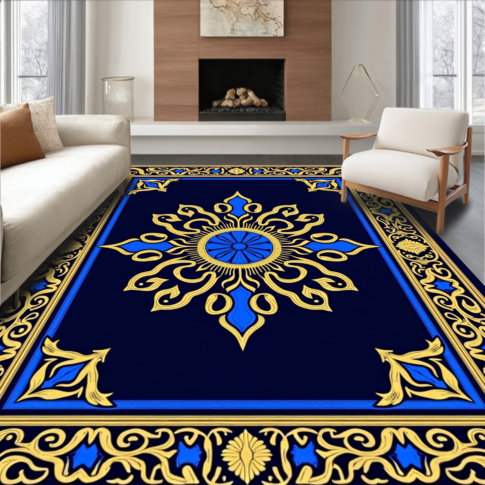 Ornate Gold Blue Medallion Rug