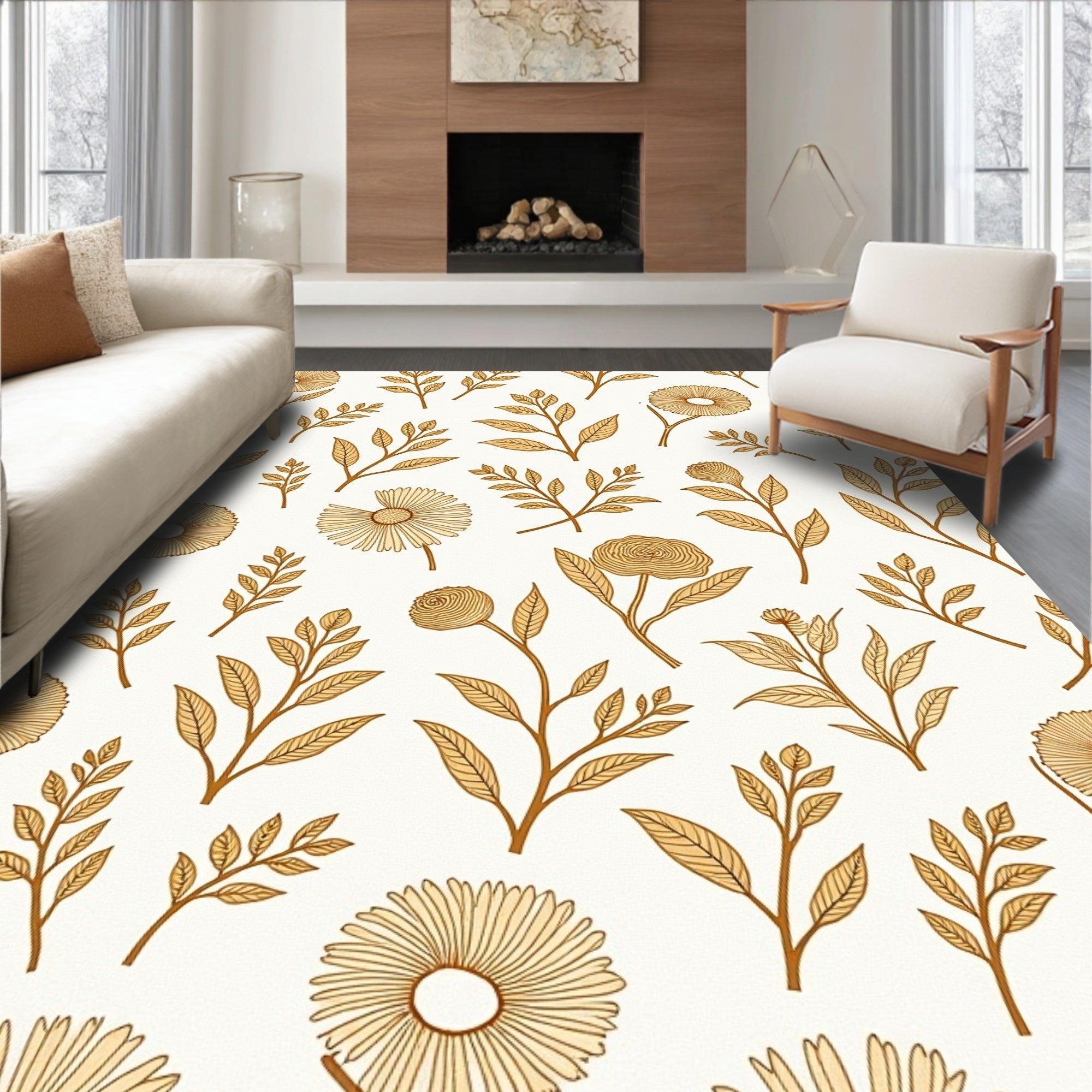 Golden Floral Botanical Pattern Rug