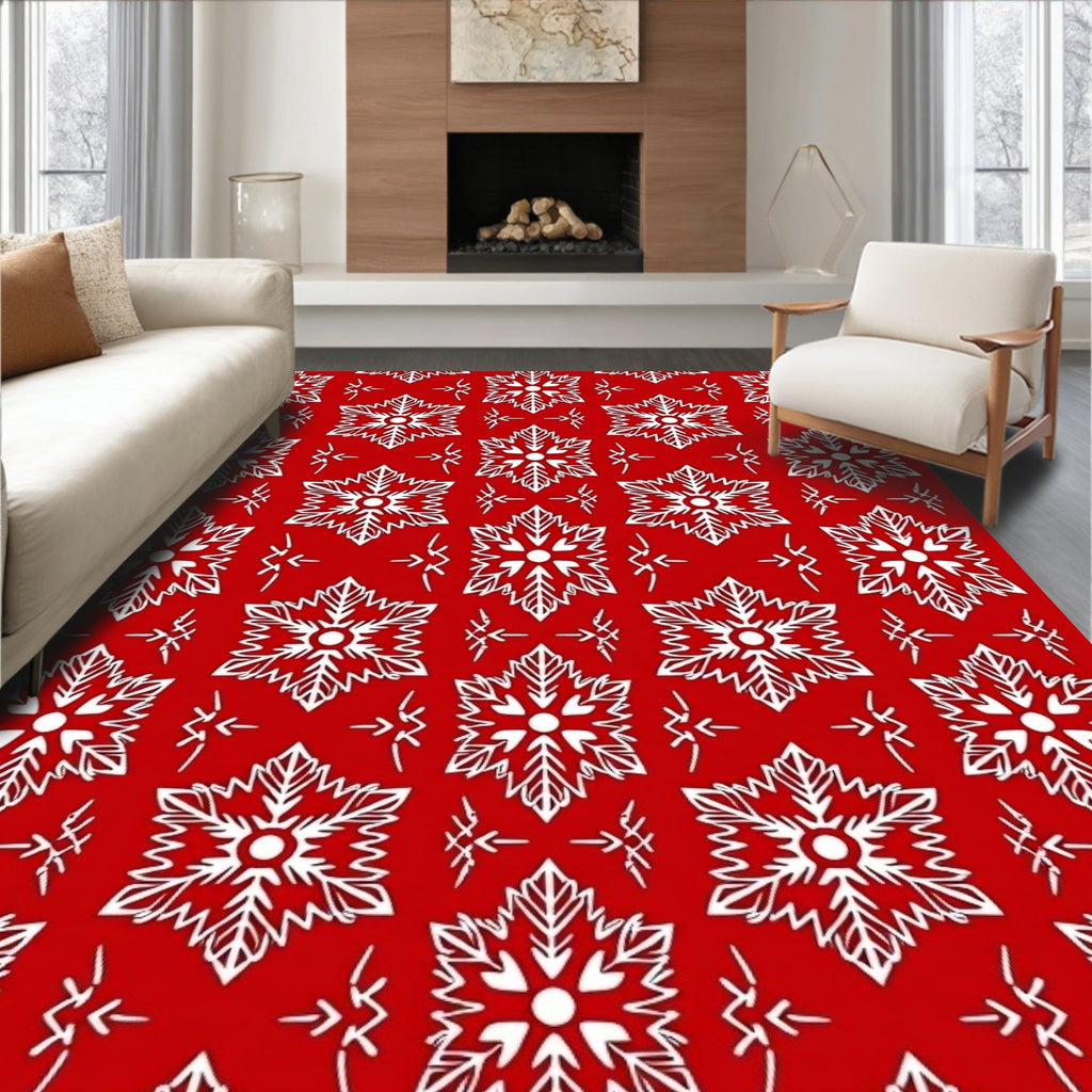 Charming Snowflake Pattern Red White Rug