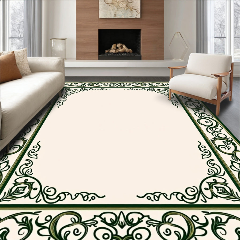 Elegant Emerald Floral Scroll Border Rug