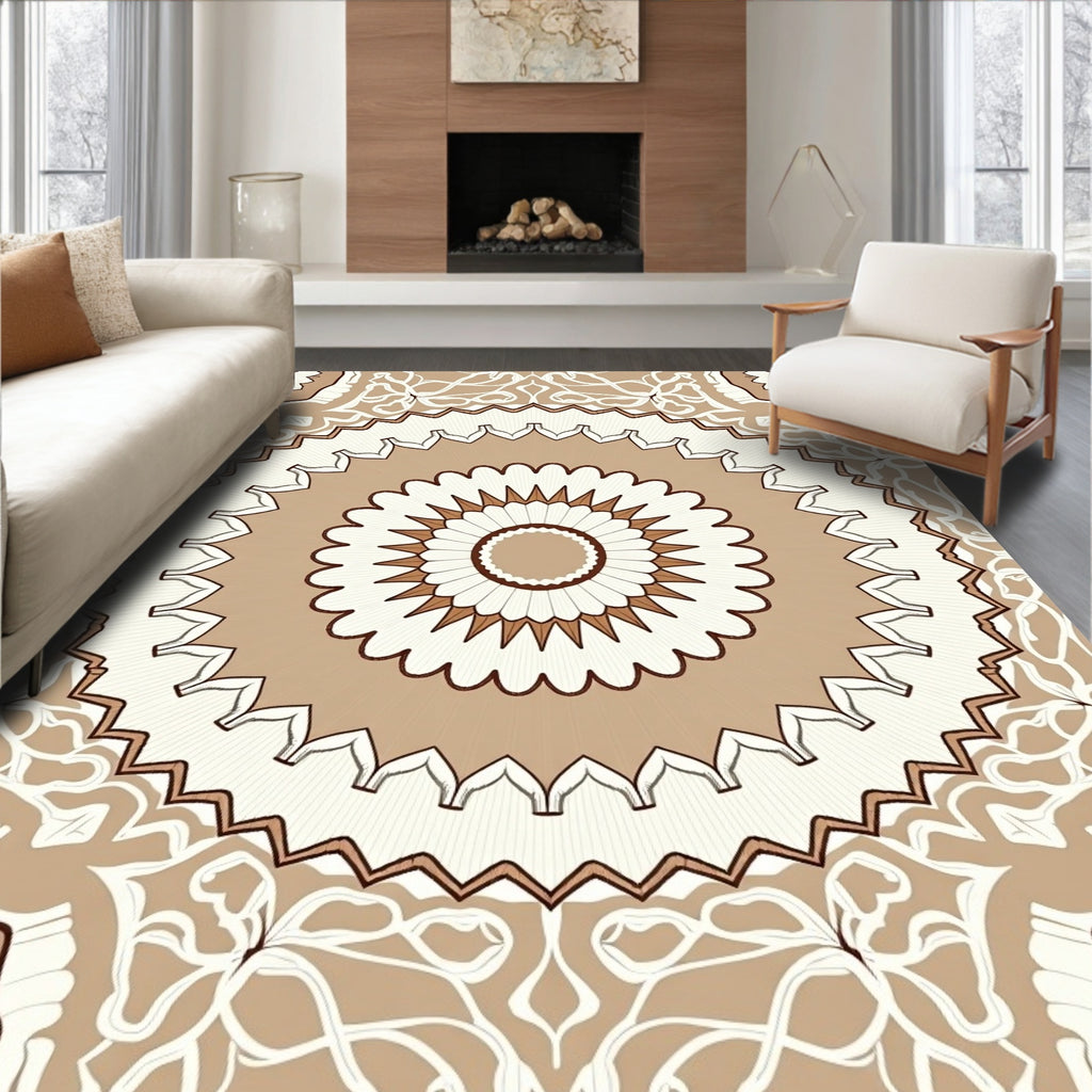Mandala Floral Brown and White Design Rug