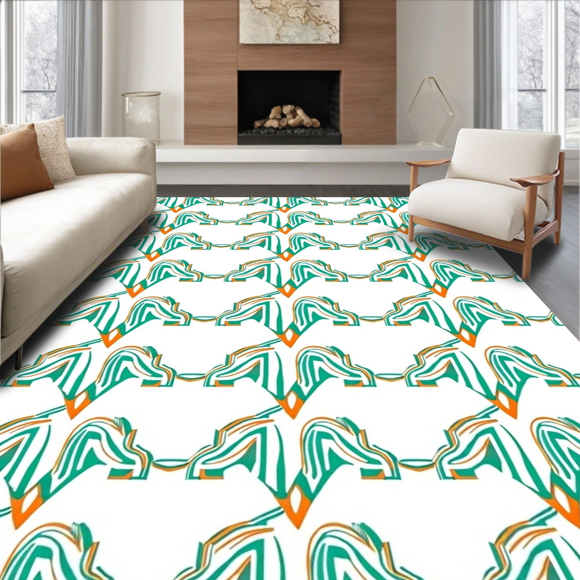 Modern Teal Orange Geometric Pattern Rug