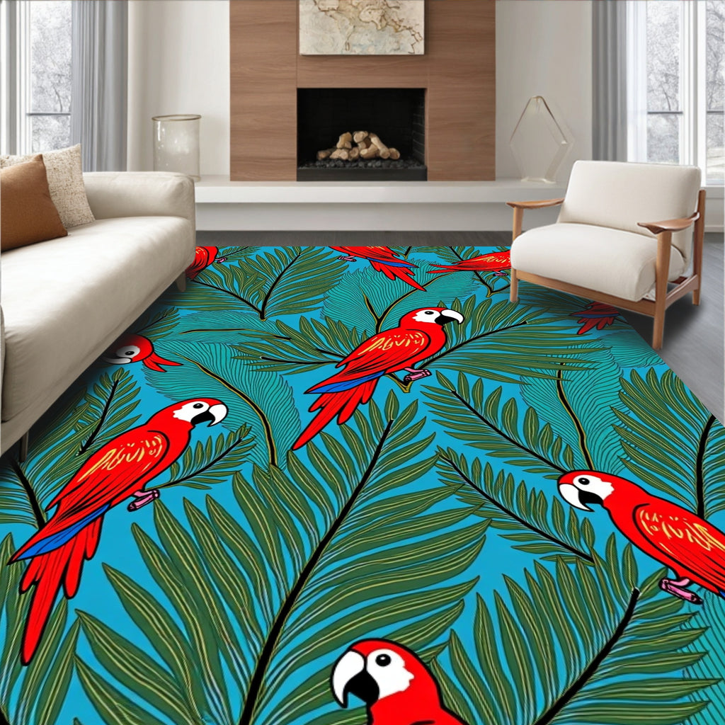 Vibrant Red Macaw Tropical Palm Rug