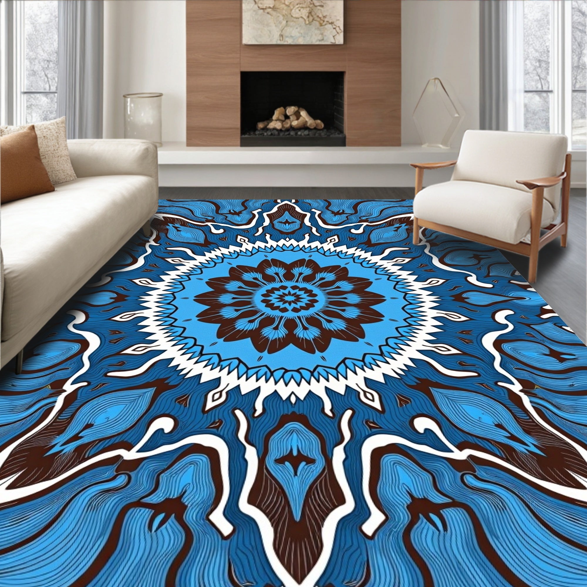 Blue Brown Intricate Mandala Design Rug
