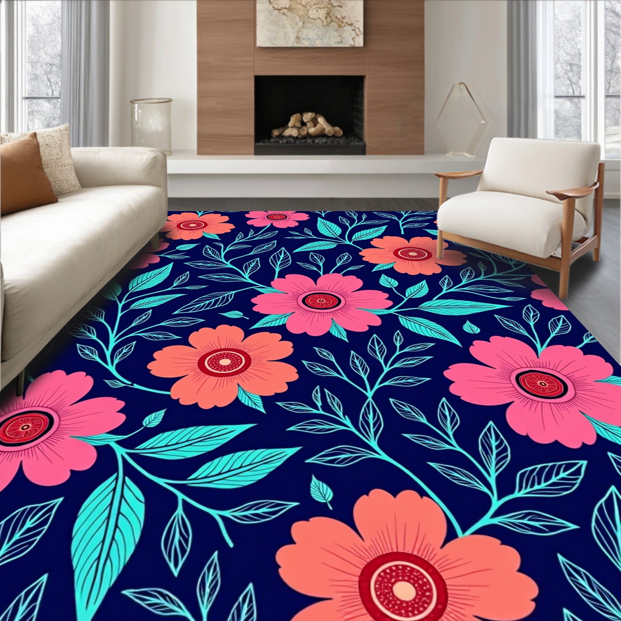 Bold Floral Pattern Navy Blue Rug