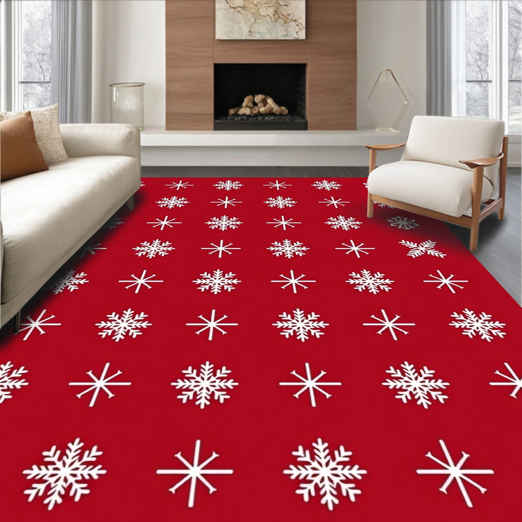 White Snowflake Patterned Red Textile Rug