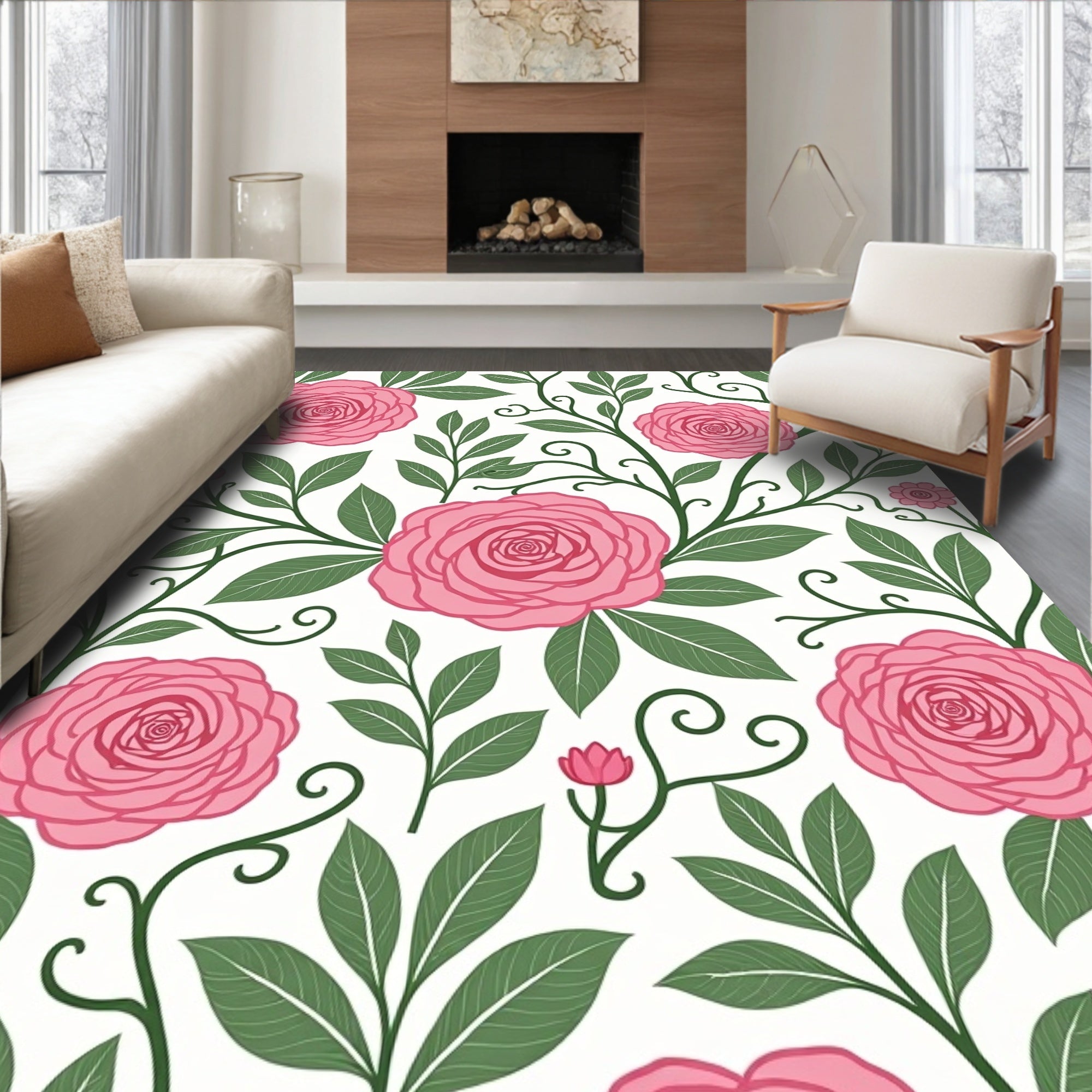 Pink Rose Floral Vine Pattern Rug