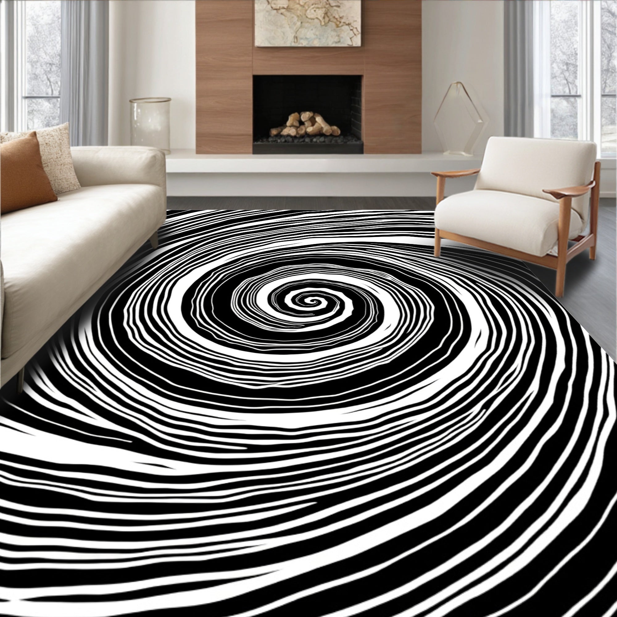 Black White Dynamic Swirl Pattern Rug