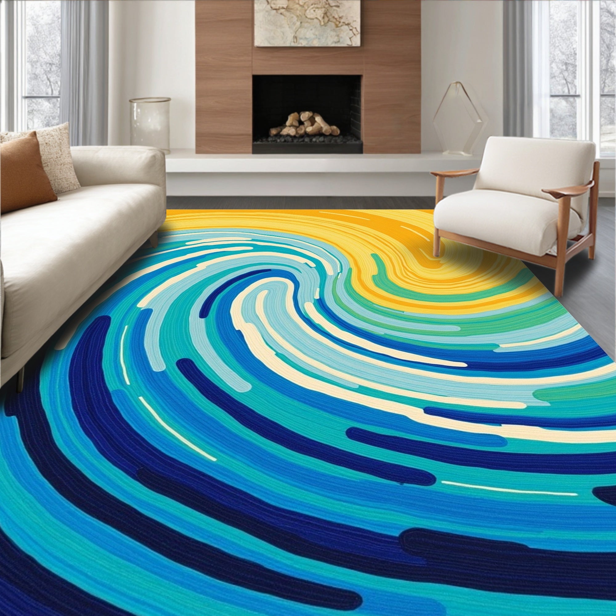 Swirling Abstract Blue Yellow Strokes Rug
