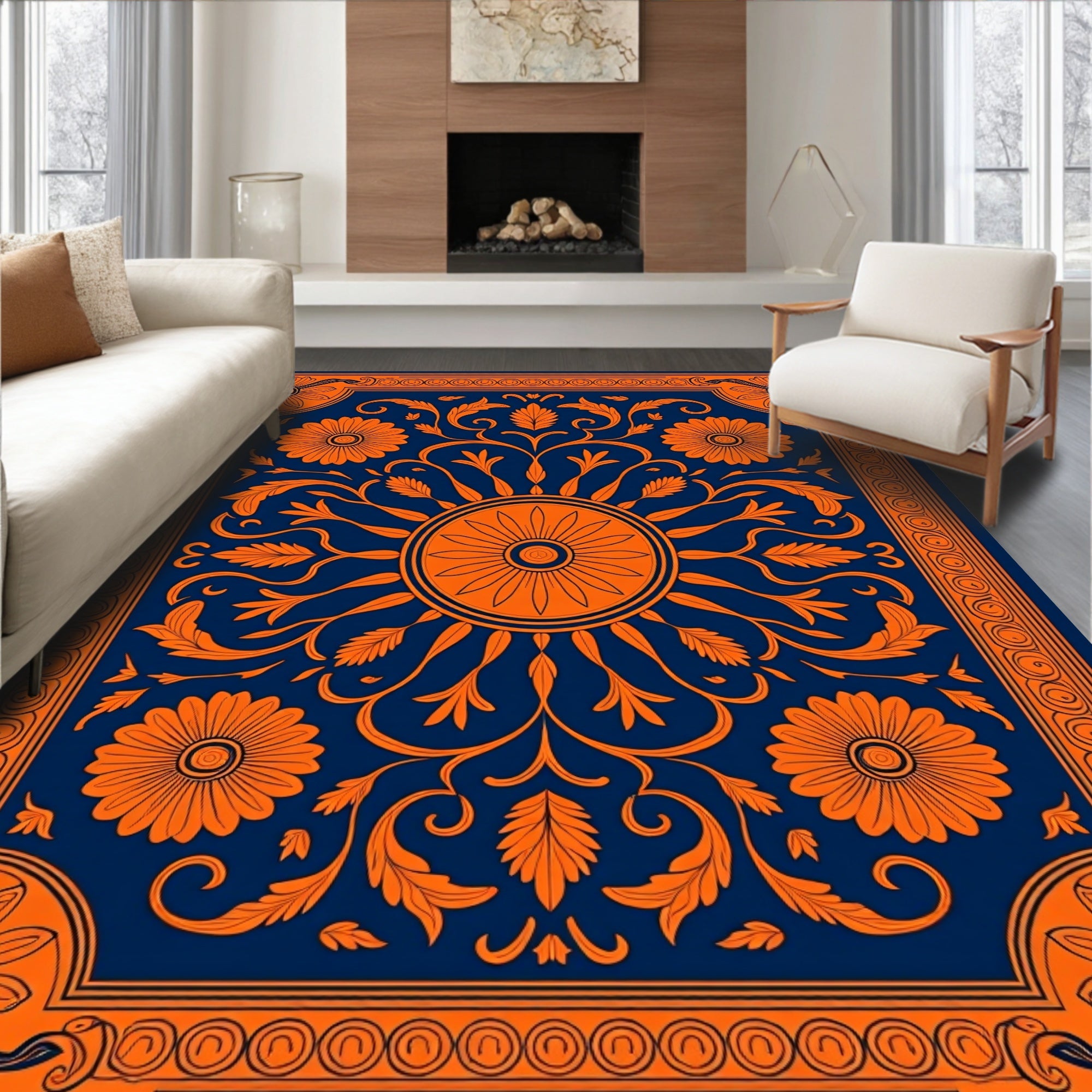 Orangy Floral Vine Traditional Pattern Rug