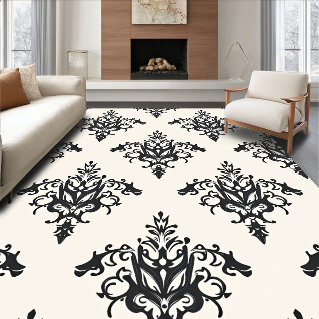 Classic Black Damask Scroll Pattern Rug
