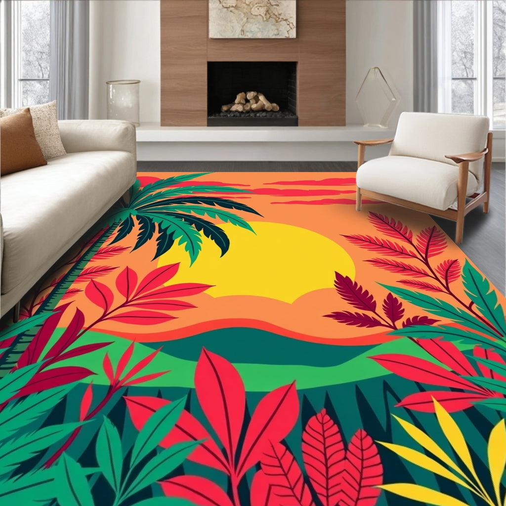 Tropical Sunset Leafy Jungle Design Rug