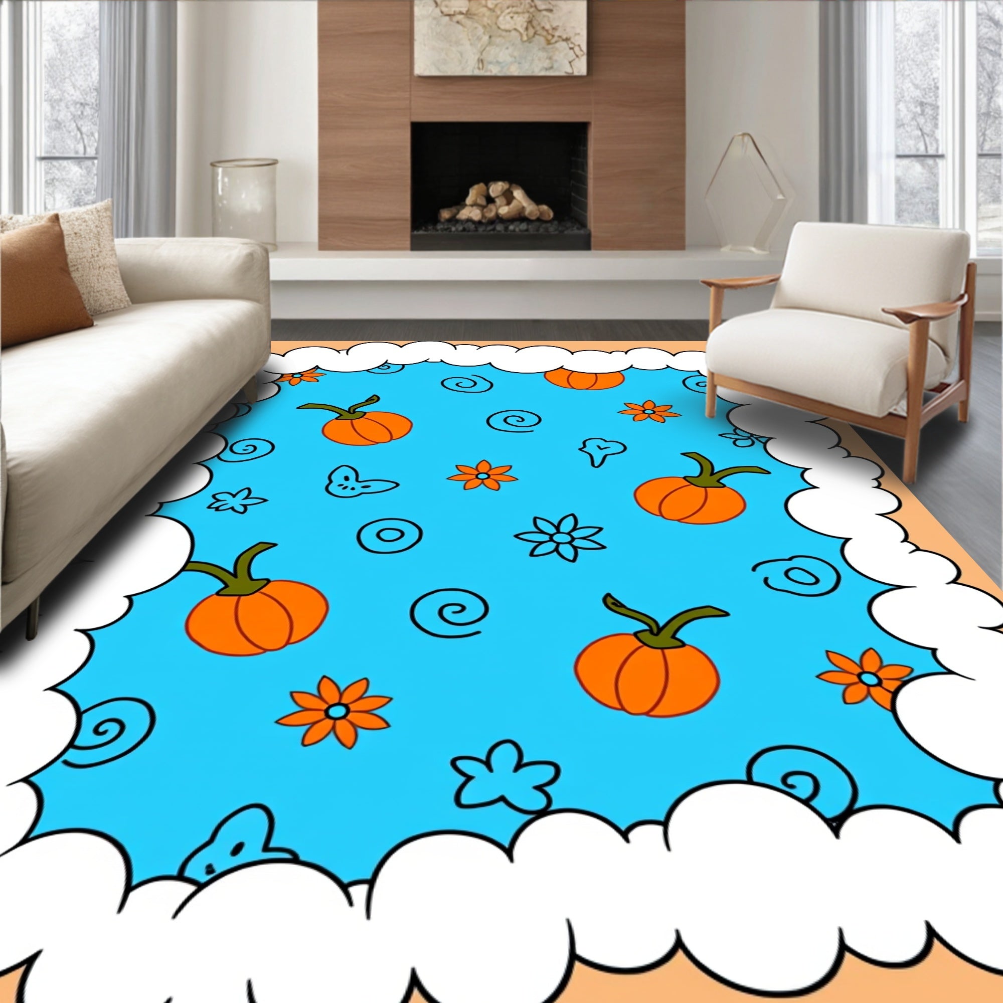 Whimsical Pumpkin And Flower Pattern Rug