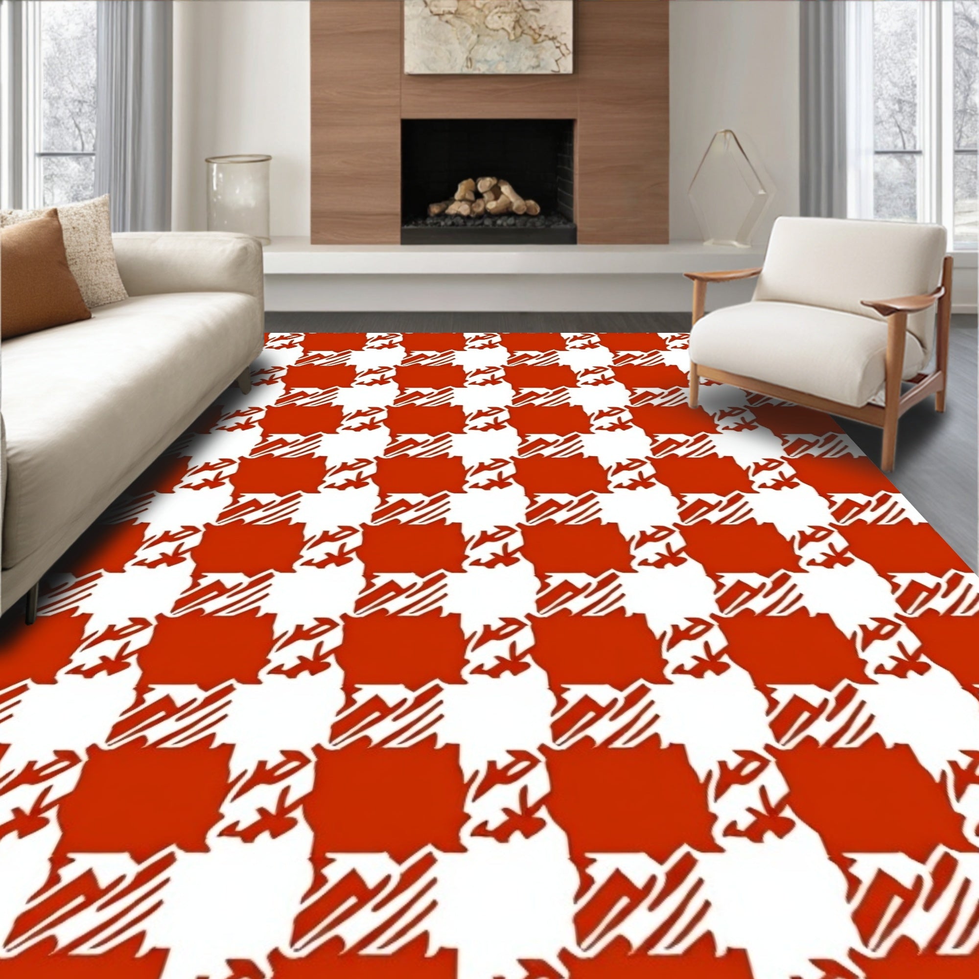 Red White Classic Checkered Pattern Rug