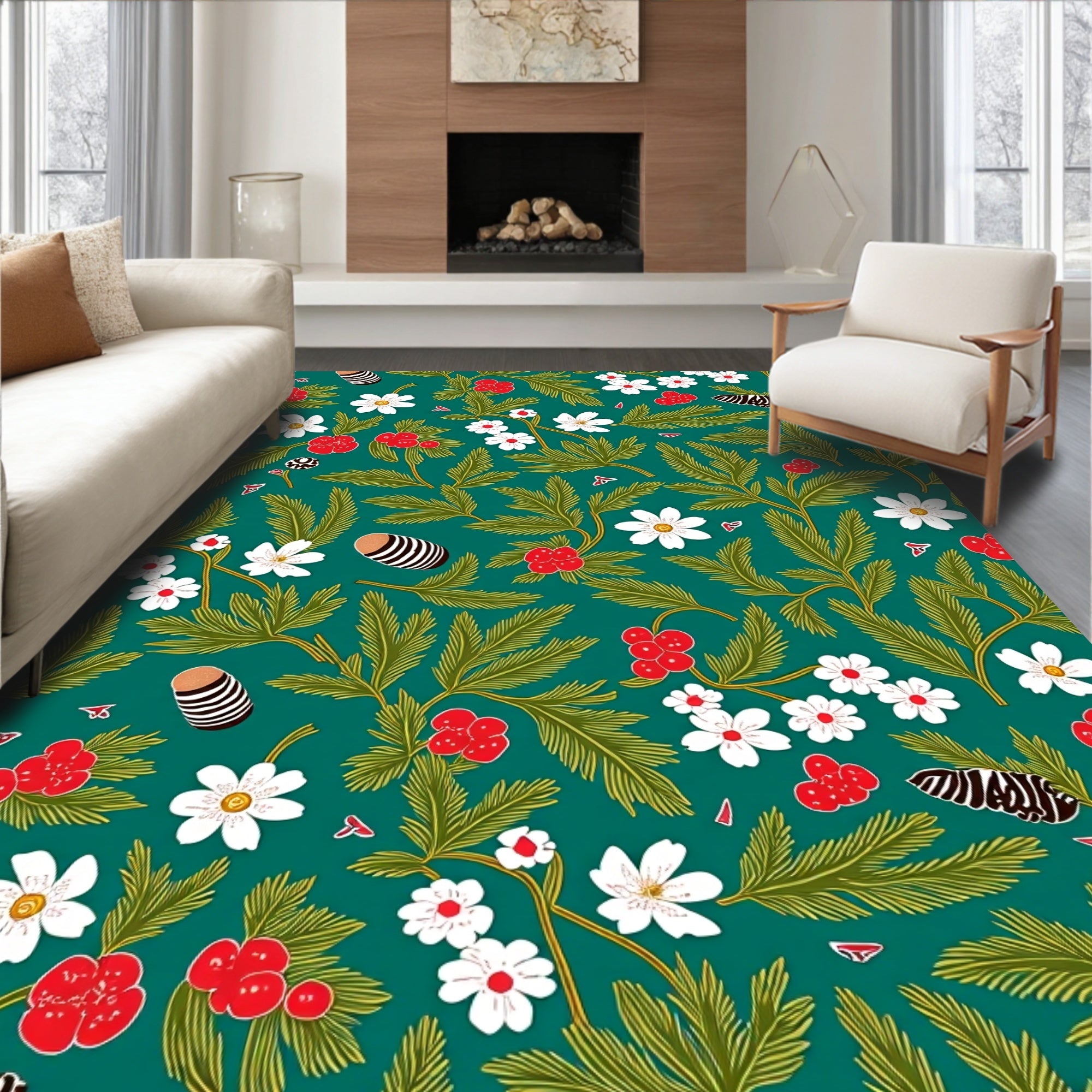 Whimsical Floral Berry Leaf Pattern Rug