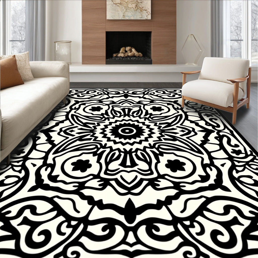 Intricate Floral Sunburst Black White Rug