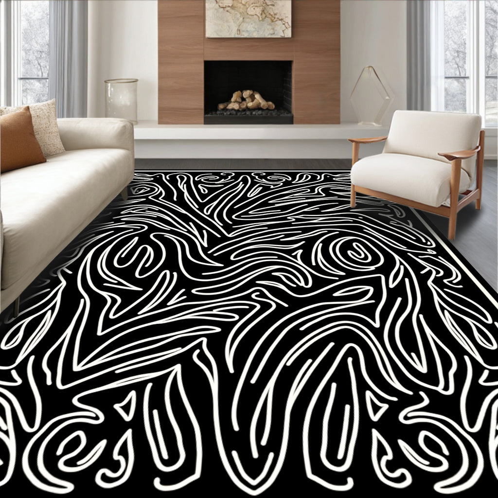 Abstract White Swirl Black Organic Rug
