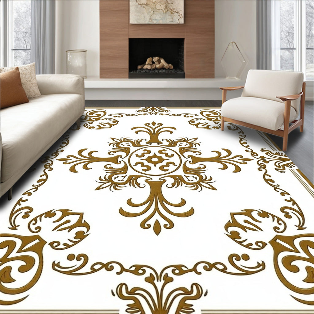 Golden Ornate Scrollwork Pattern Rug