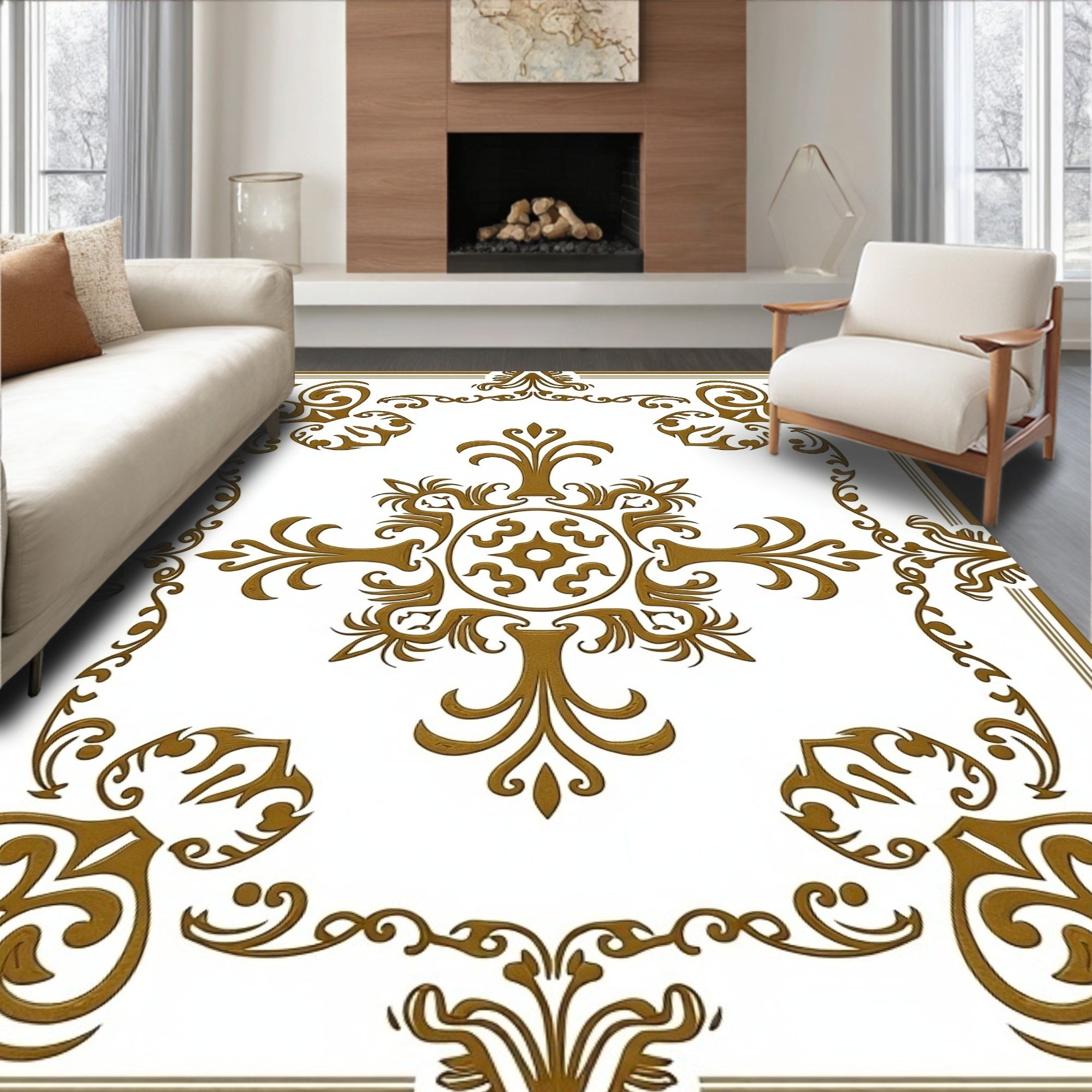 Golden Ornate Scrollwork Pattern Rug