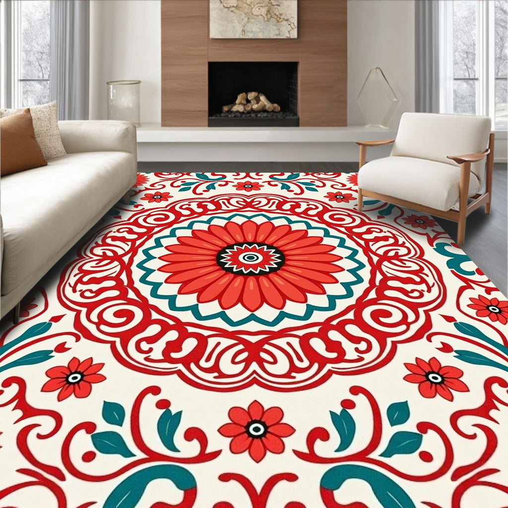 Red Teal Floral Medallion Pattern Rug