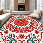 Red Teal Floral Medallion Pattern Rug