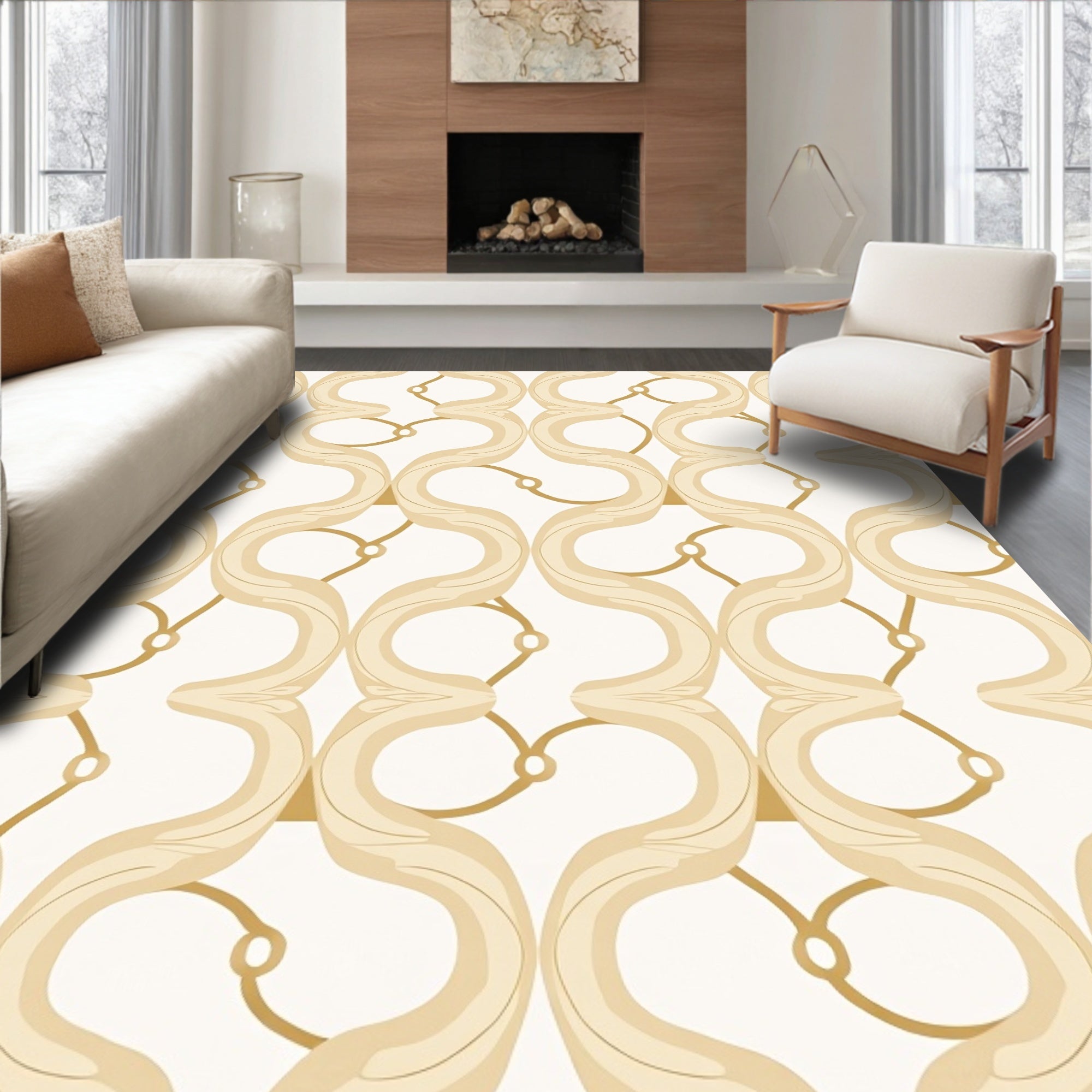 Elegant Cream Gold Swirl Pattern Rug