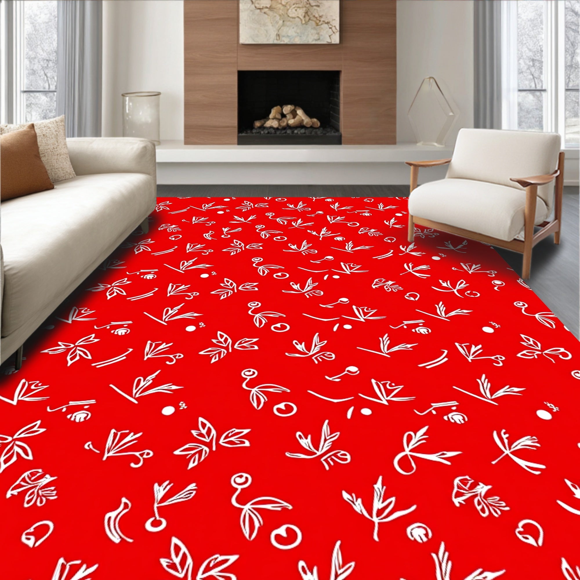 Red White Foliage Pattern Rug