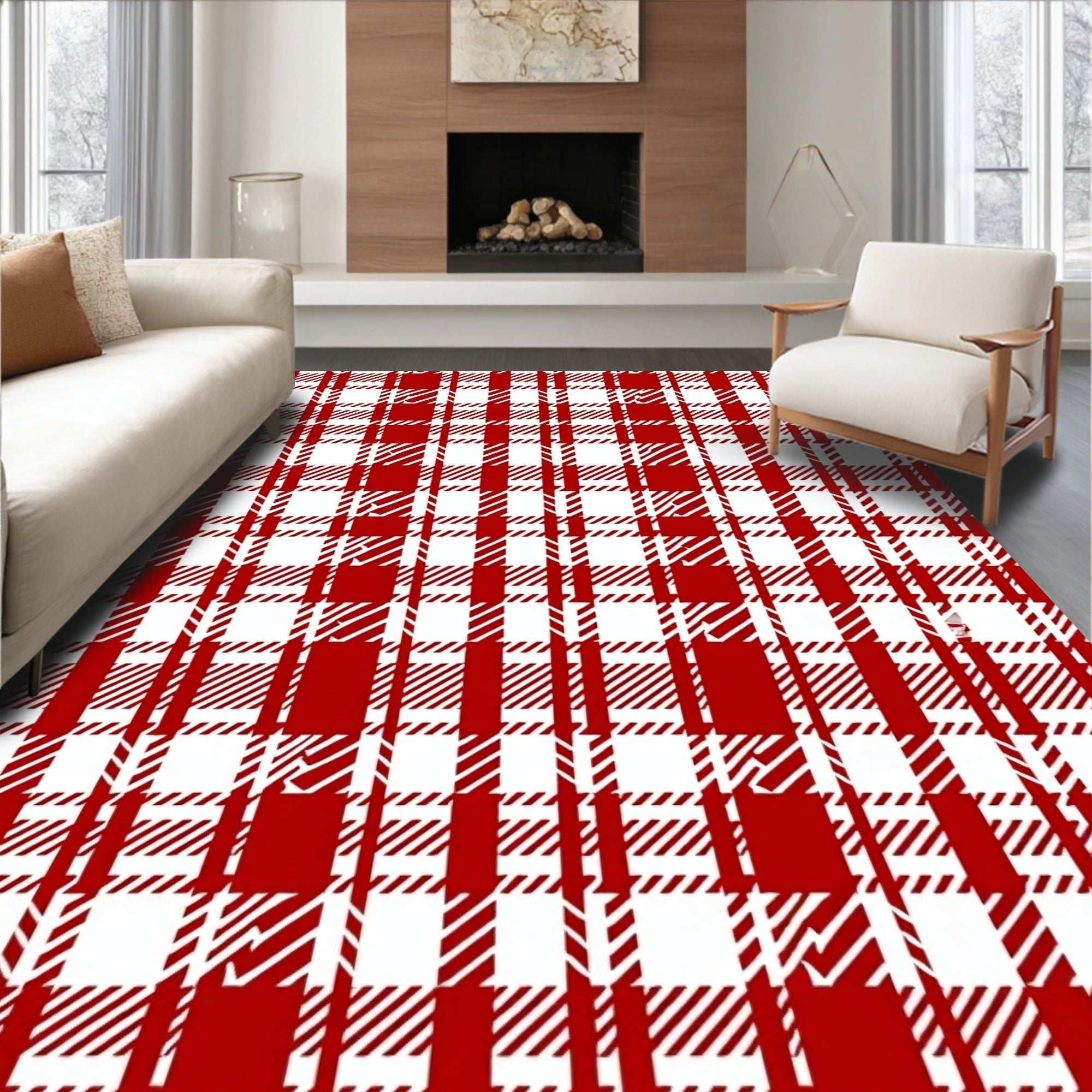 Classic Red White Plaid Pattern Rug