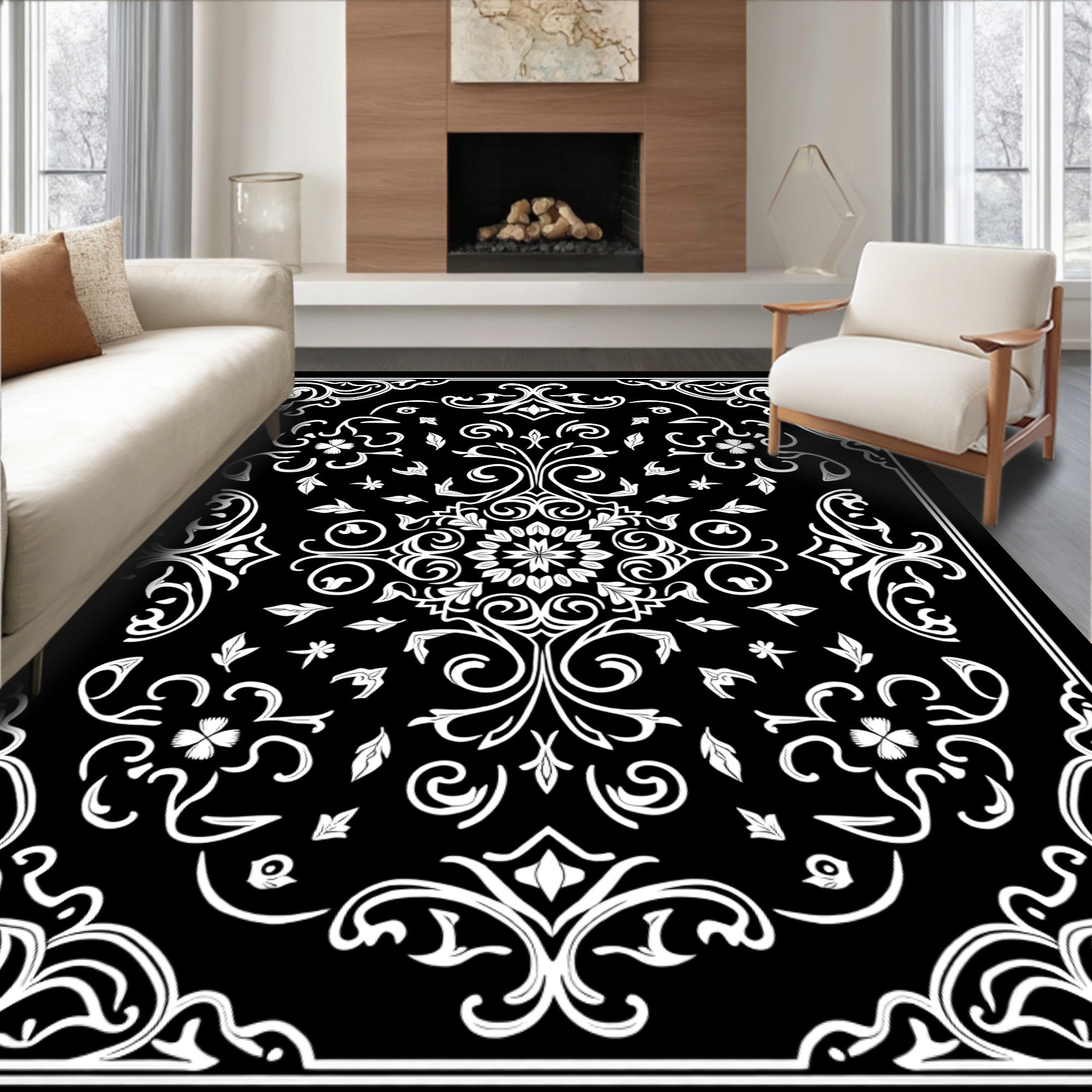 Ornate Black And White Floral Pattern Rug