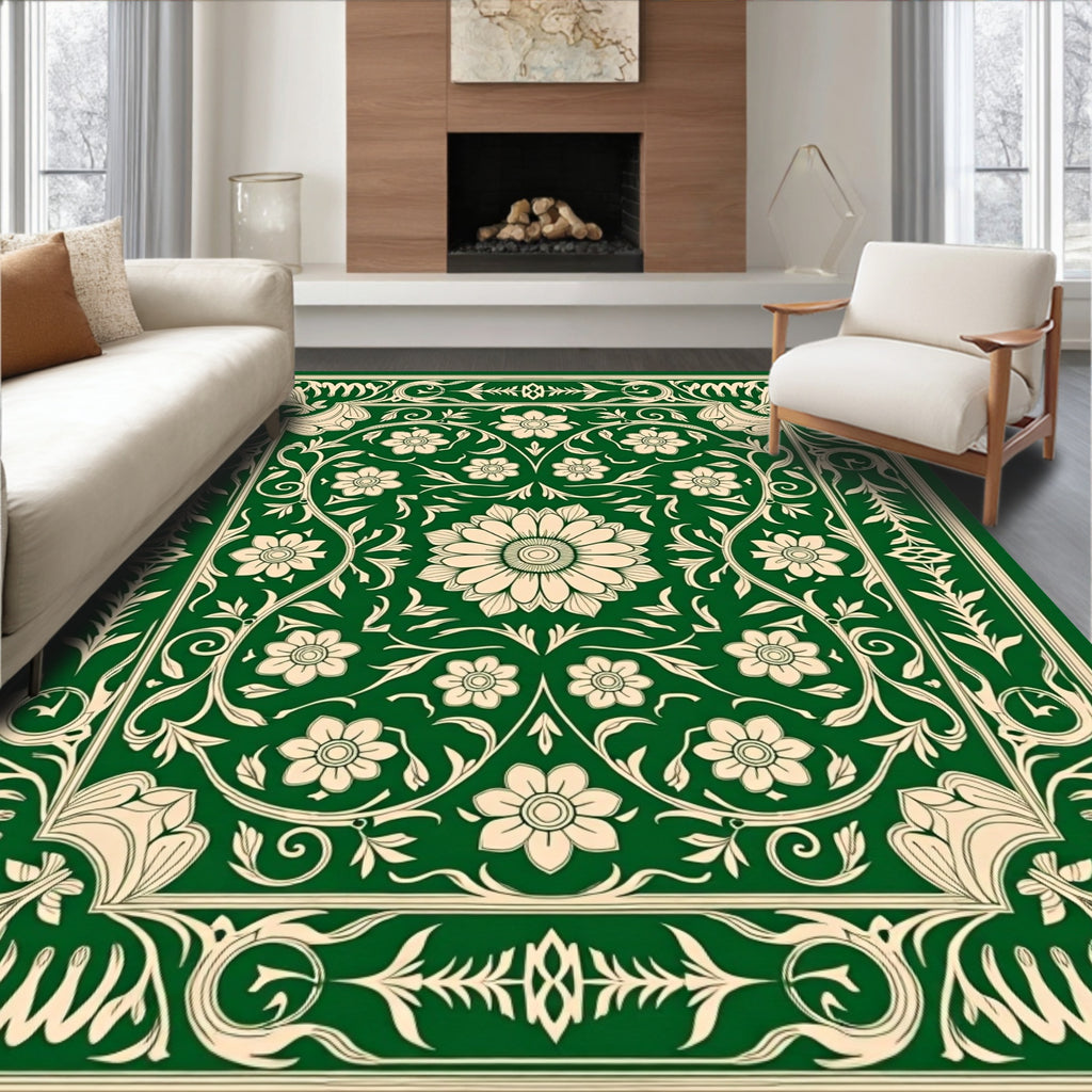 Elegant Green Floral Botanical Pattern Rug