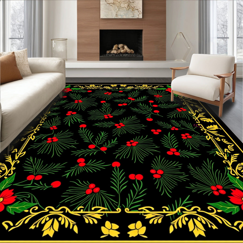 Red Floral Green Berry Border Rug