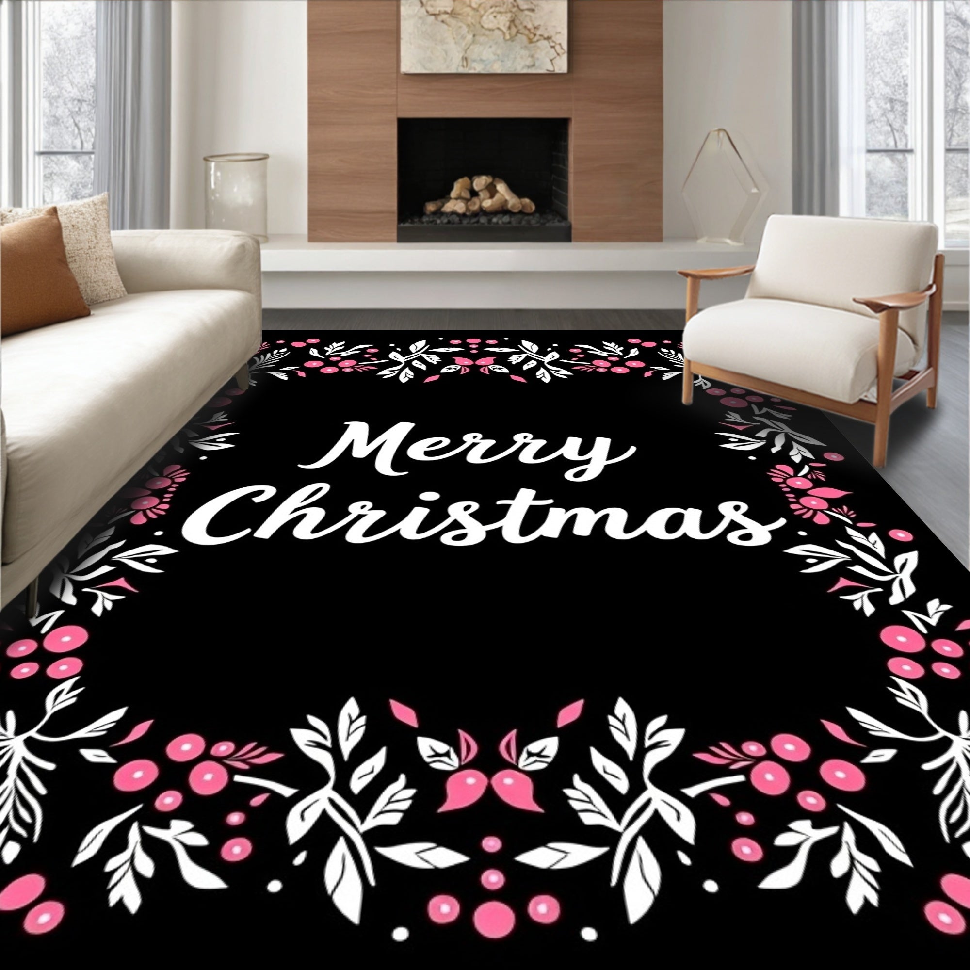 Festive Floral Berry Border Design Rug