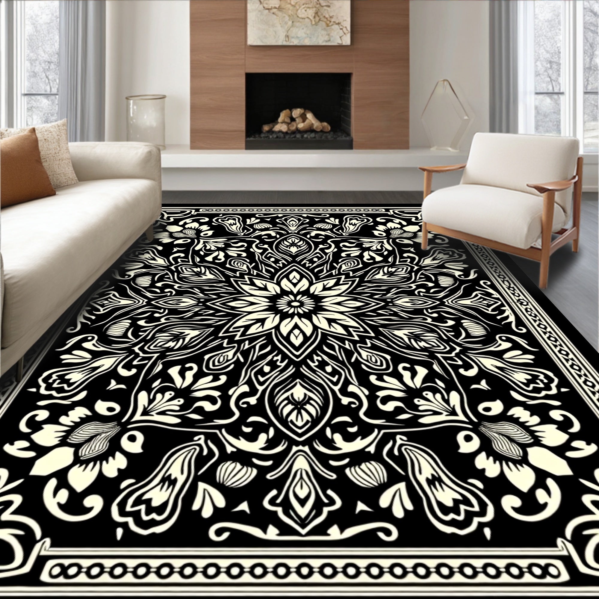 Monochrome Mandala Floral Design Rug