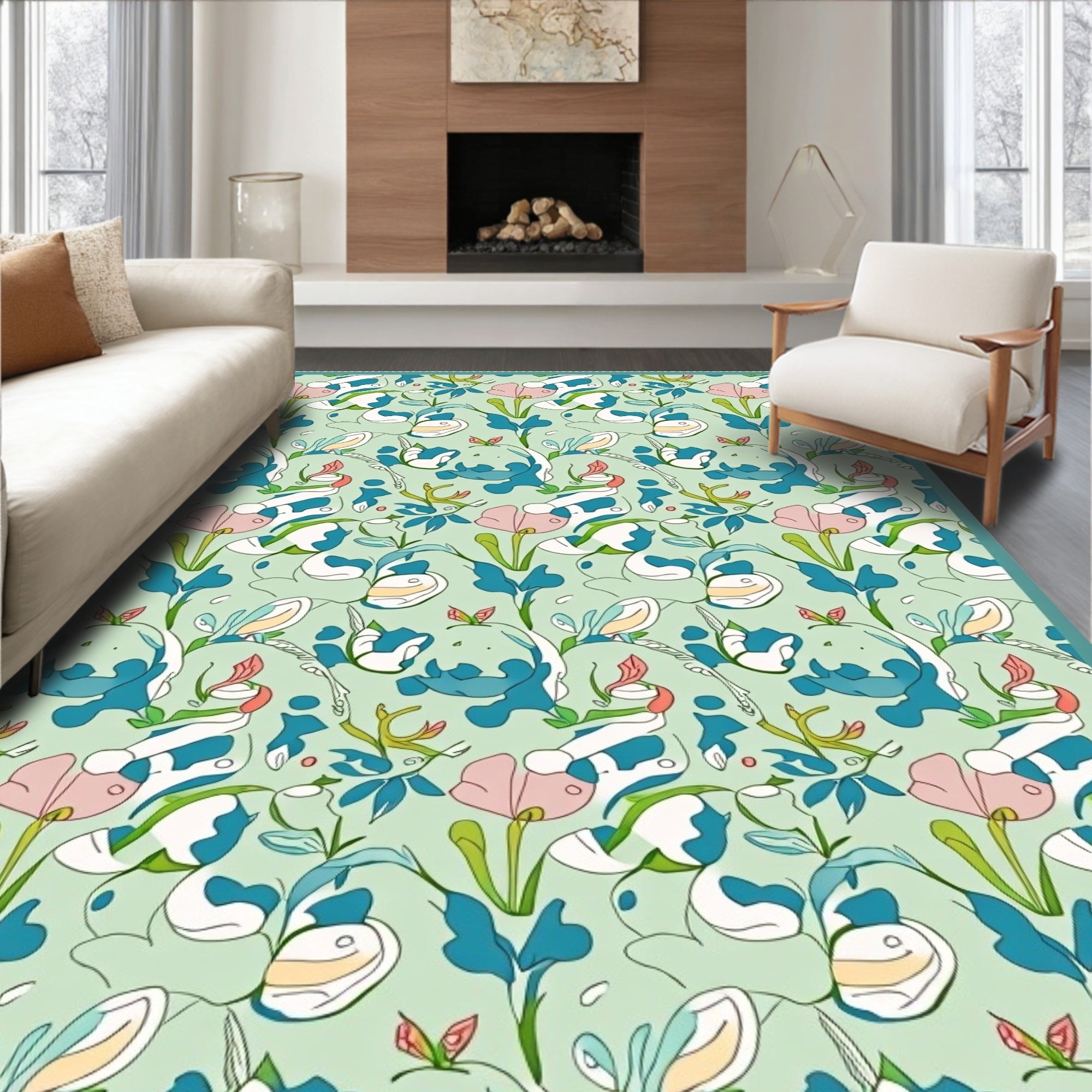 Whimsical Floral Abstract Blue Pink Rug