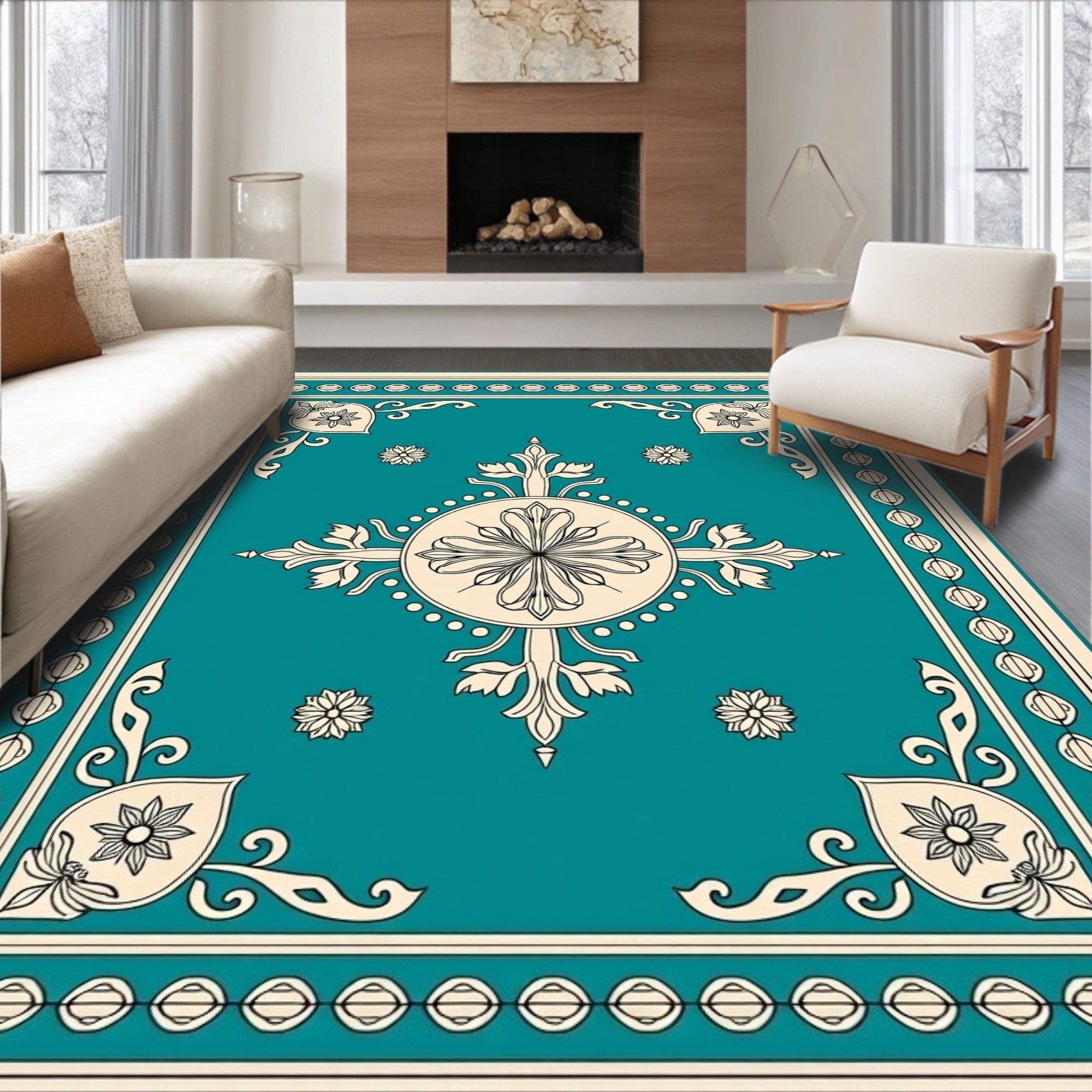 Ornate Teal Floral Medallion Rug