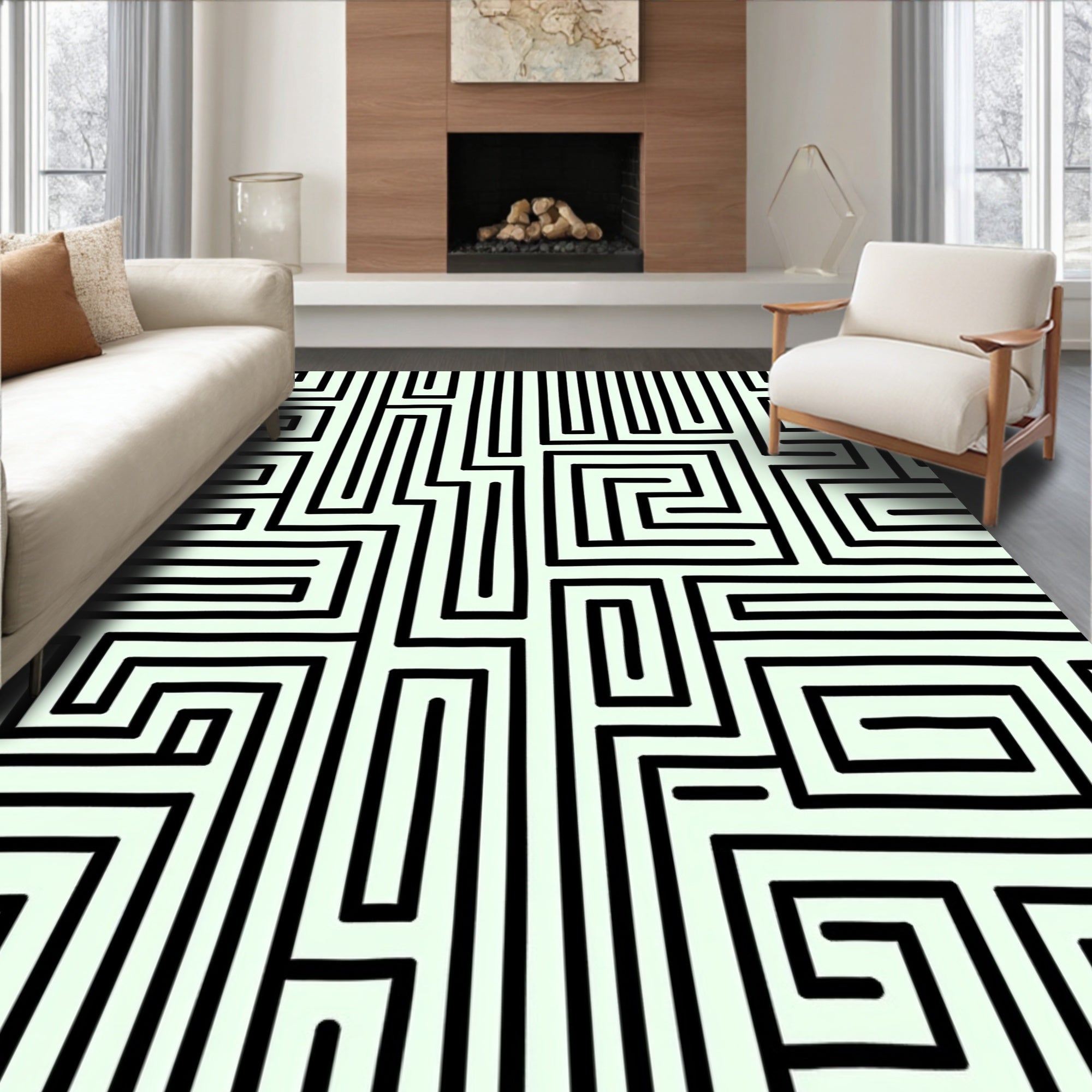 Abstract Black And White Maze Pattern Rug