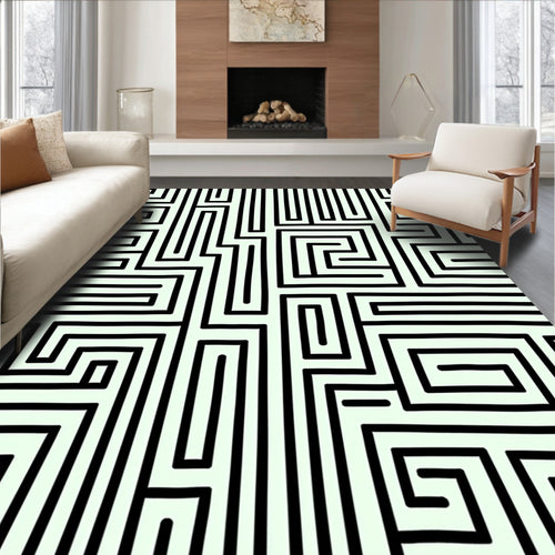 Abstract Black And White Maze Pattern Rug