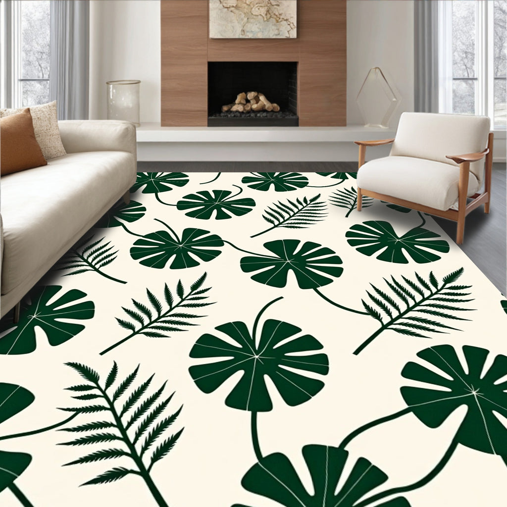 Dark Green Tropical Leaf Pattern Rug