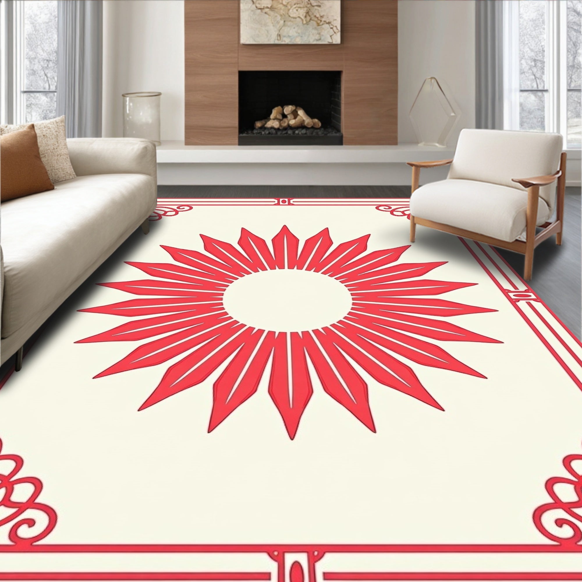 Red Sunburst Decorative Pattern Rug
