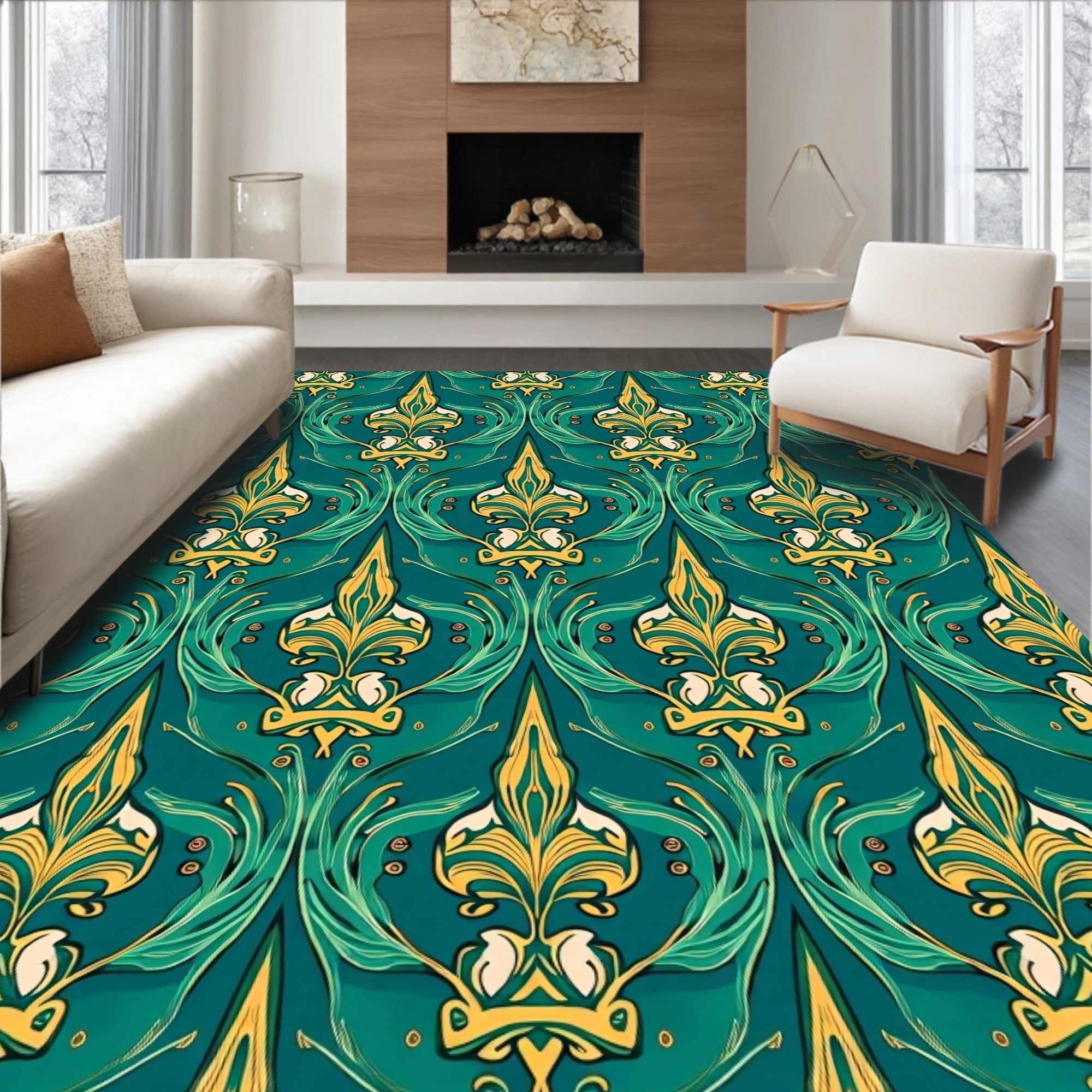 Art Nouveau Royal Fleur-de-Lis Green Gold Pattern Rug