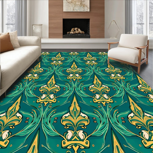 Art Nouveau Royal Fleur-de-Lis Green Gold Pattern Rug