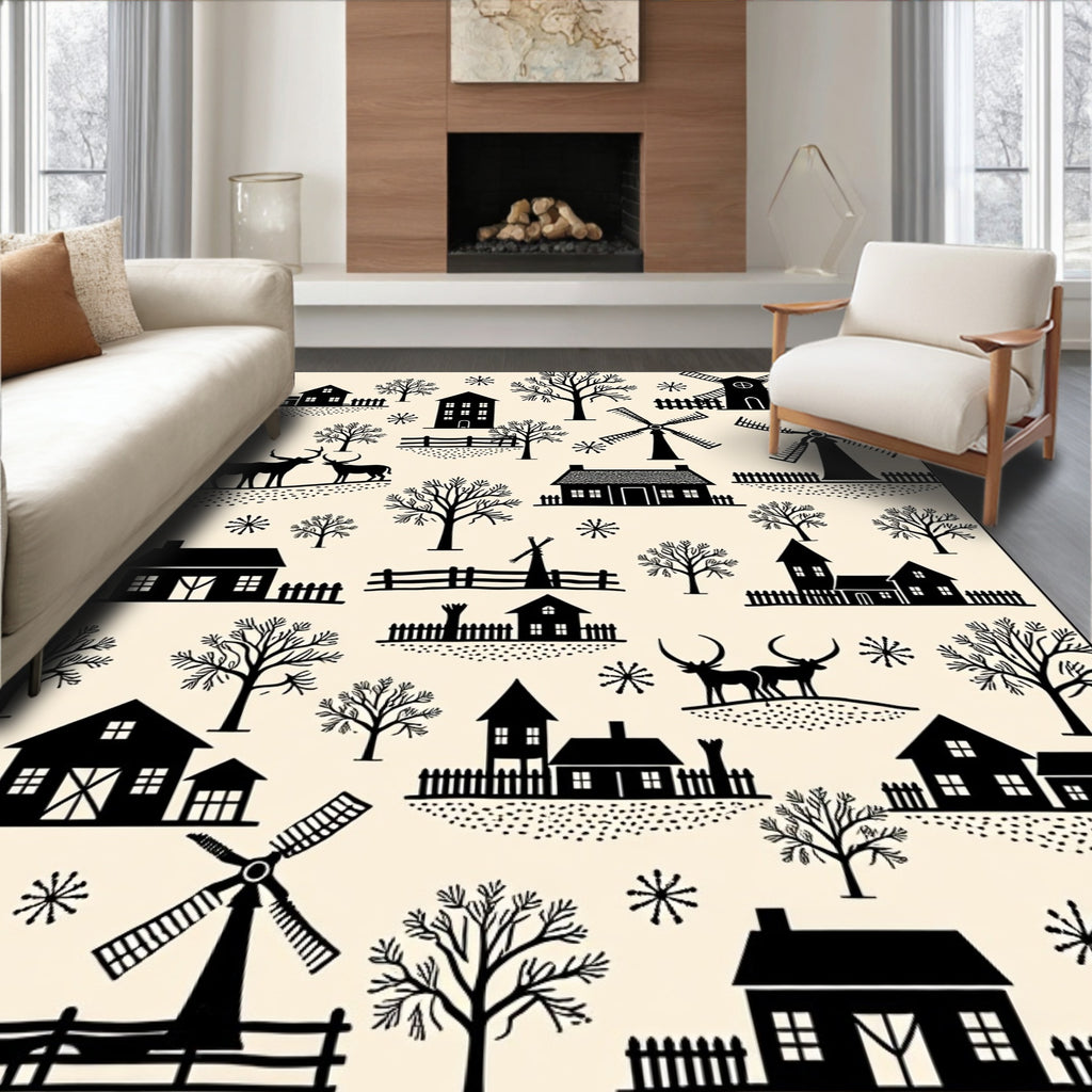Rustic Village Deer Silhouette Pattern Rug