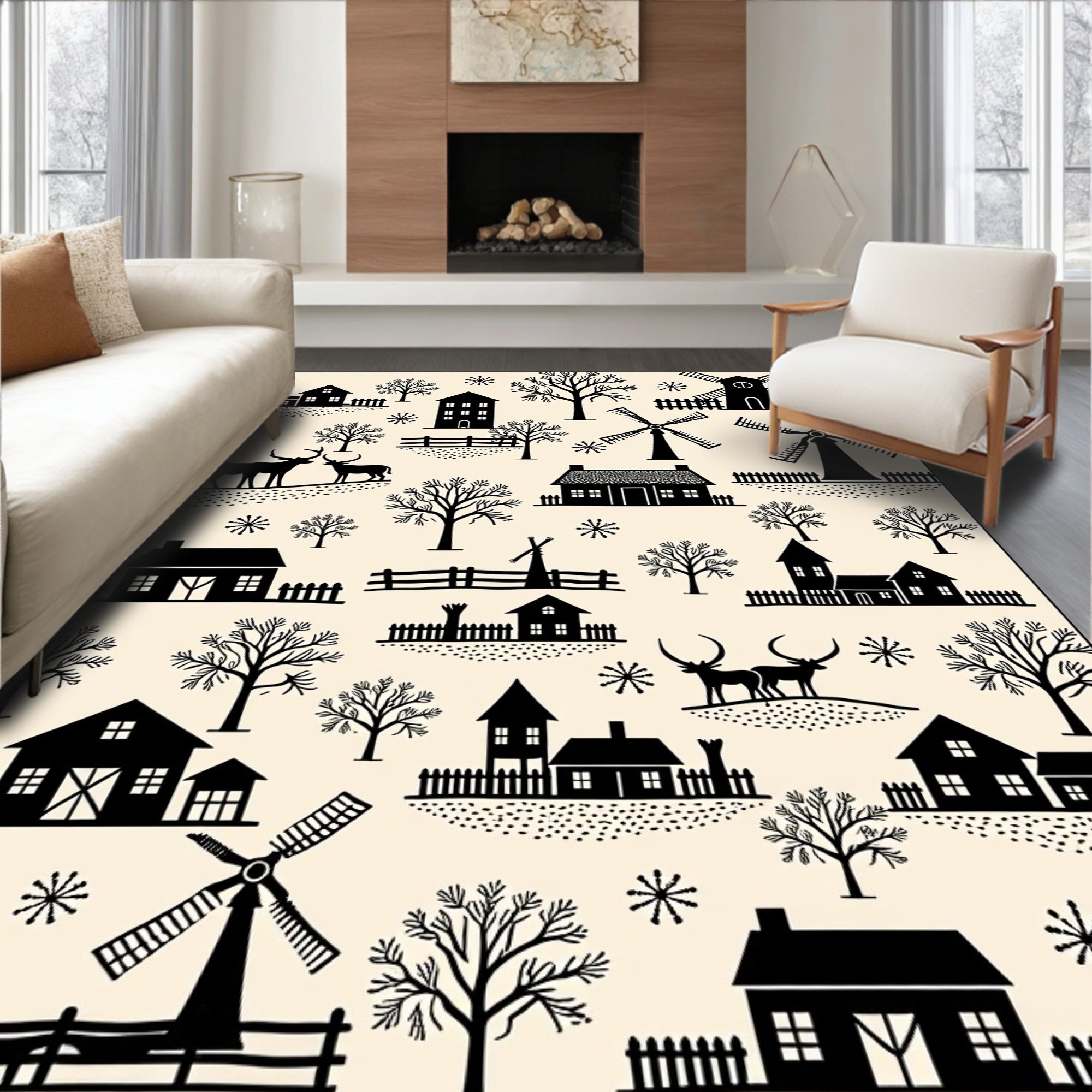 Rustic Village Deer Silhouette Pattern Rug