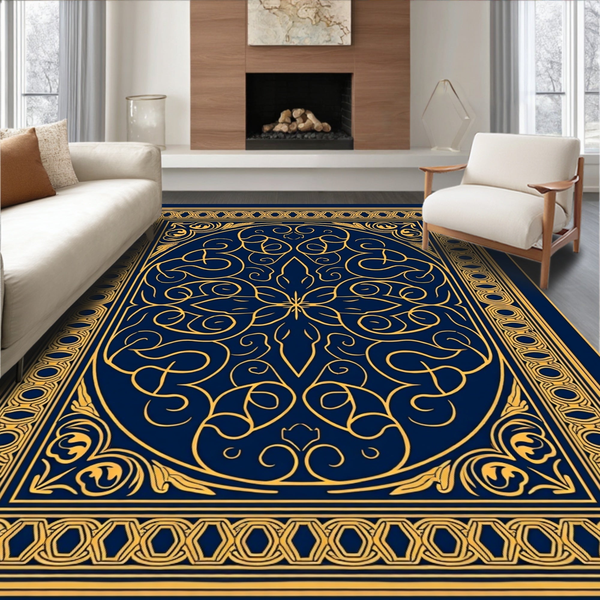 Gold Blue Ornate Mandala Rug