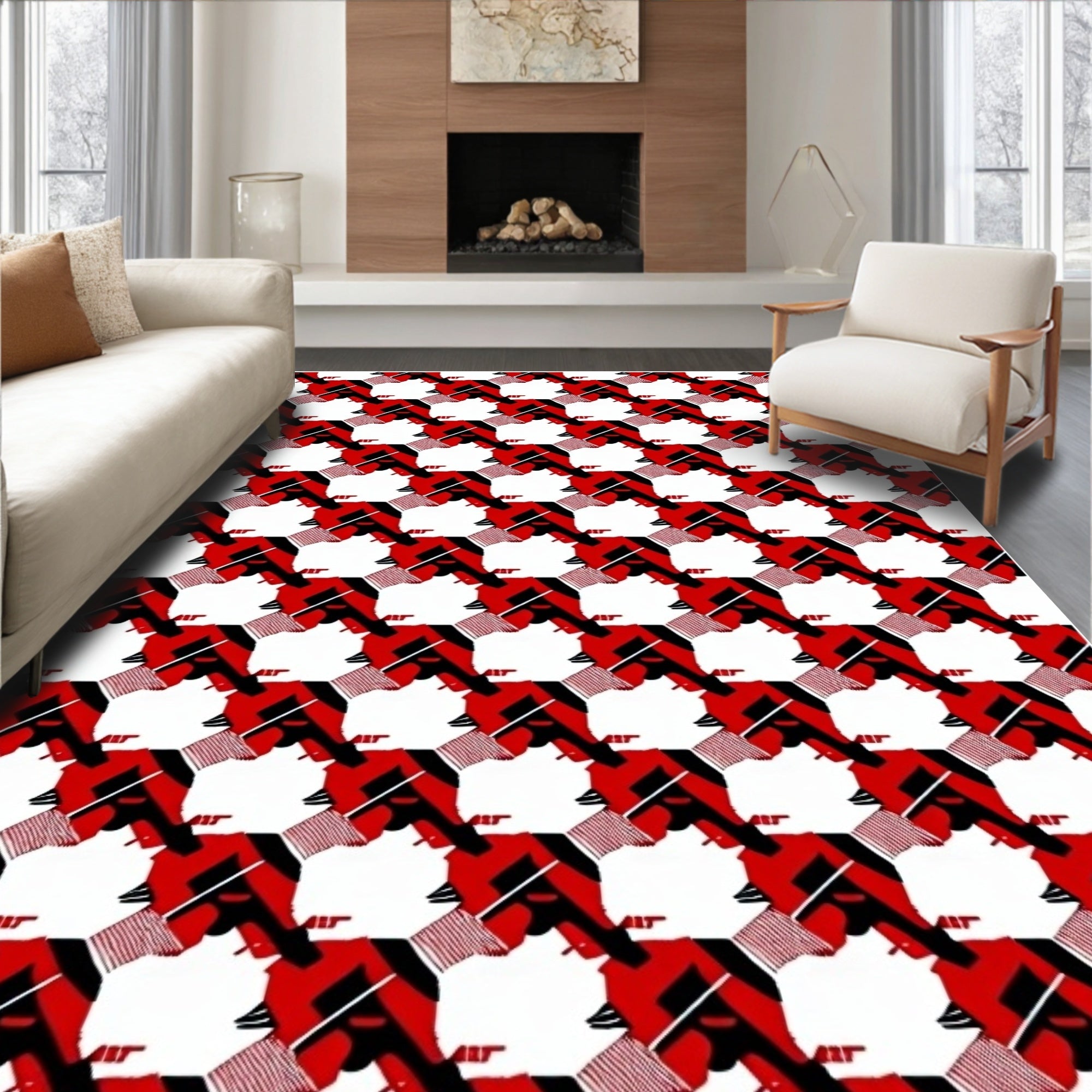 Bold Red Black Houndstooth Pattern Rug