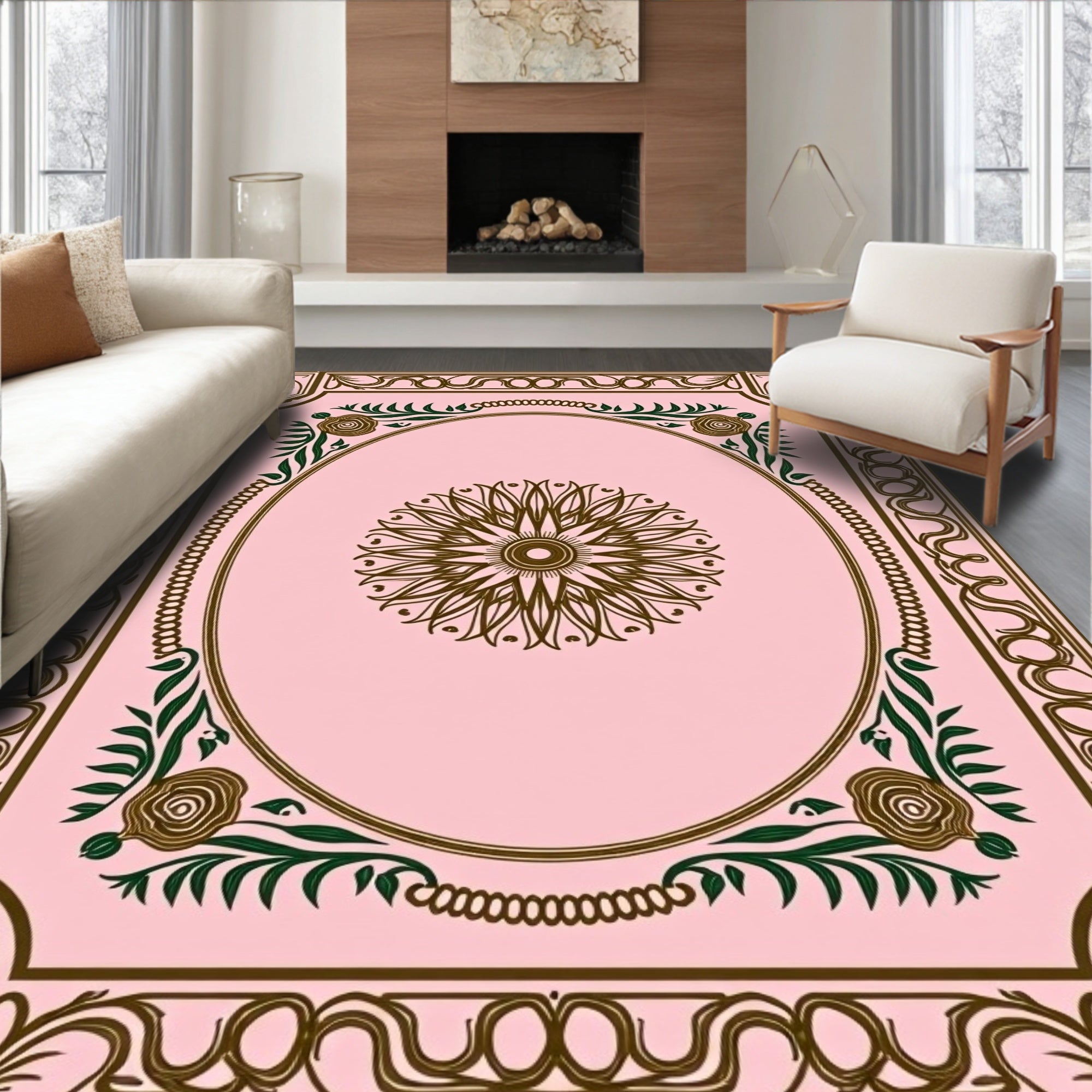 Elegant Pink Floral Sunburst Design Rug