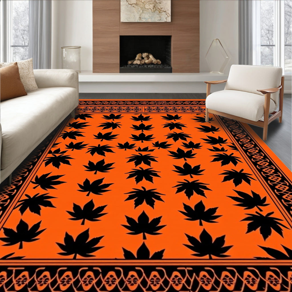 Orange Black Leaf Pattern Border Rug
