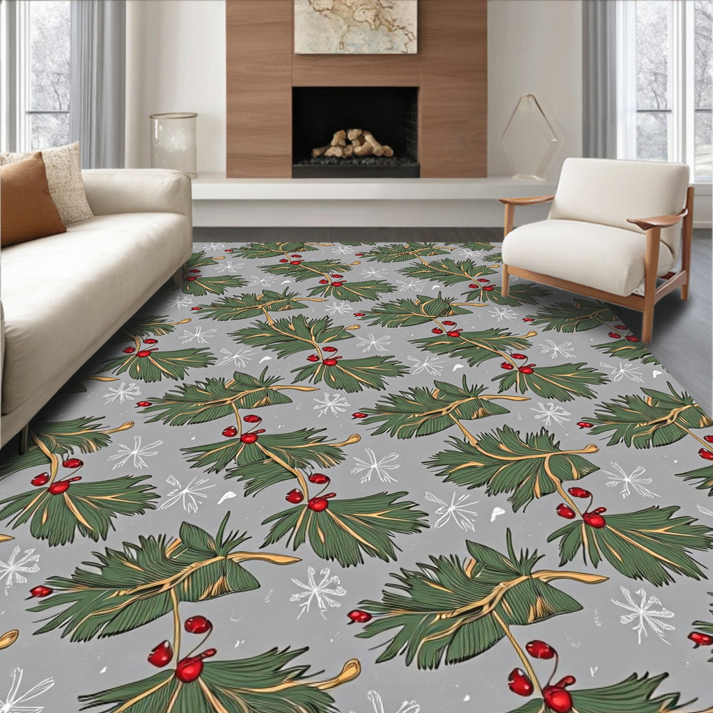 Winter Pine Sprig Snowflakes Pattern Rug
